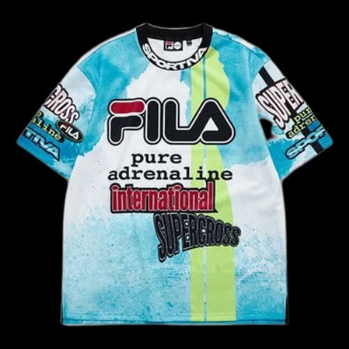 FILA FUSION Full Print Alphabet Pattern Loose Knit Short Sleeve Blue T-Shirt