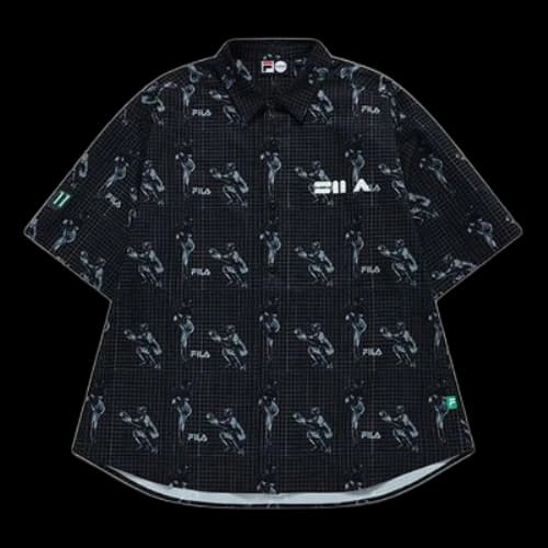 FILA FUSION Pattern Full Print Loose Sports Short Sleeve Vitality Sports Black Shirt