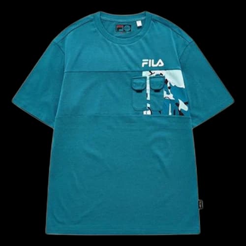 FILA FUSION Pocket Patchwork Print Loose Sports Round Neck Short Sleeve Green