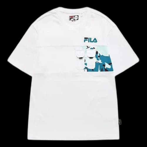 FILA FUSION Pocket Splicing Cartoon Printing Loose Sports Round Neck Short Sleeve White