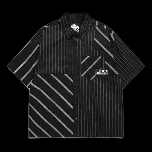 FILA FUSION x White Mountaineering Crossover Stripe Splicing Short Sleeve Sports Black Shirt