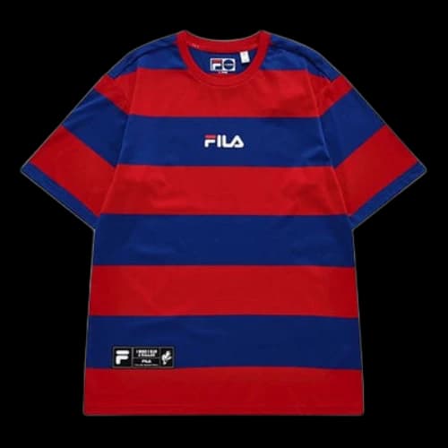 FILA FUSION Contrasting Colors Stripe Loose Sports Round Neck Short Sleeve Couple Style Blue