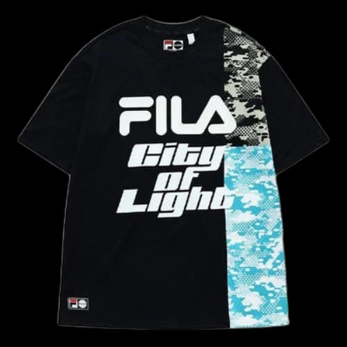 FILA FUSION Contrasting Colors Logo Printing Splicing Camouflage Round Neck Short Sleeve Couple Style Black