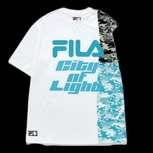 FILA FUSION Contrasting Colors Logo Printing Splicing Camouflage Round Neck Short Sleeve White T-Shirt