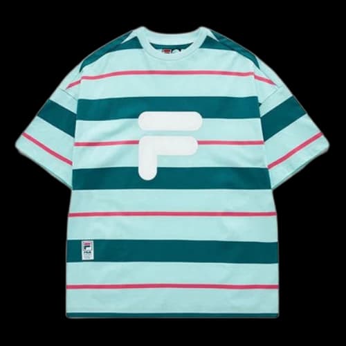 FILA FUSION Contrasting Colors Stripe Loose Sports Short Sleeve Pink Green