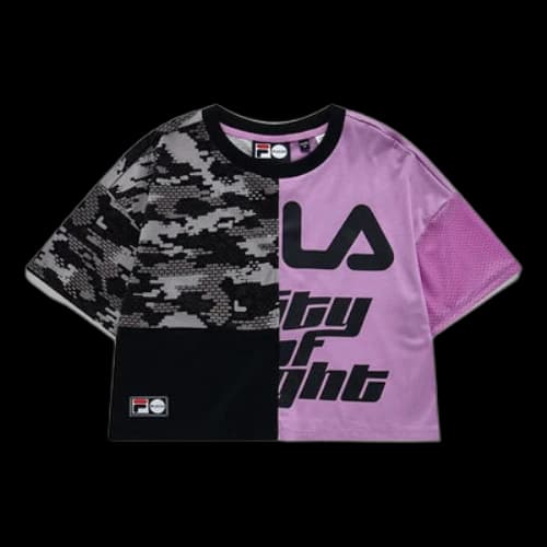 FILA FUSION Logo Printing Splicing Round Neck Loose Short Sleeve Black