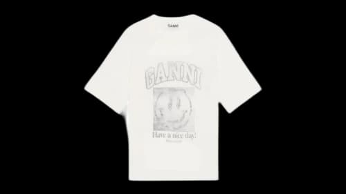 Ganni Womens Smiley O-neck Mid Sleeve Light Cotton Jersey T-shirt White