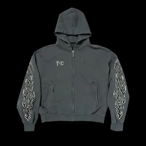 Thug Club Leather Flame Zip Up Hoodie 'Grey'