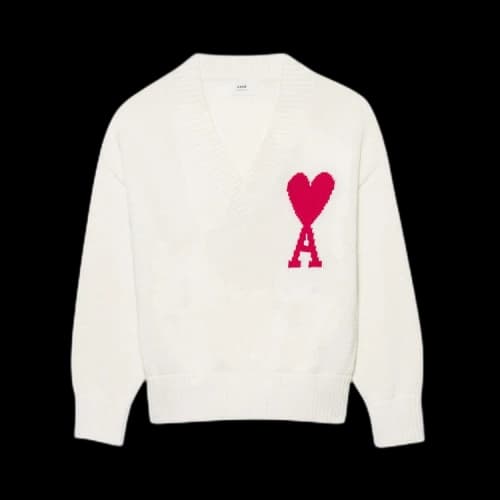 Ami V Neck Sweater 'White/Red'