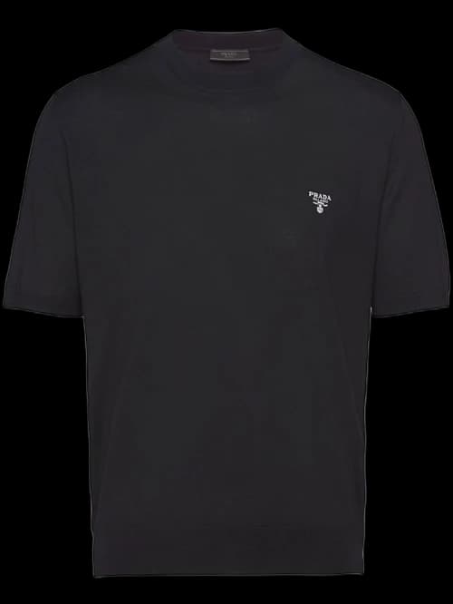 Prada Embroidered Logo Wool Short Sleeved Shirt Black