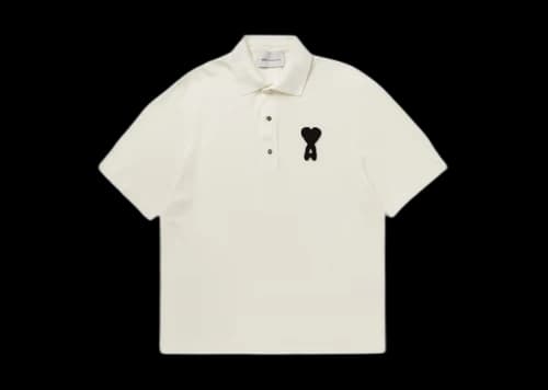 Ami Paris Ami De Coeur Knitted Patch Boxy Fit Polo Shirt Cream White