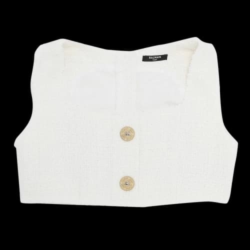 Balmain Cropped Buttoned Tweed Strap Top 'Blanc'
