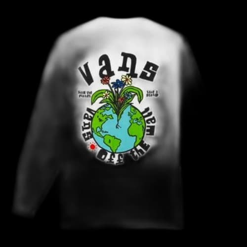 Vans Earth Pattern Printing Round Neck Long Sleeves White T-Shirt
