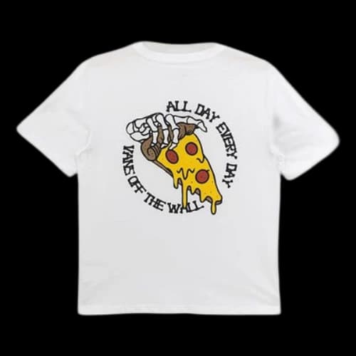 Vans Skeleton Pizza Cartoon Printing Casual Round Neck Short Sleeve White