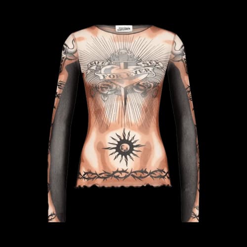 Jean Paul Gaultier Printed "Safe Sex Tatoo" Long Sleeves Crew Neck Top Nude Brown Black