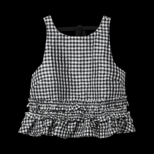 GANNI Crinkled Taffeta Check Open Back Frill Top 'Black'