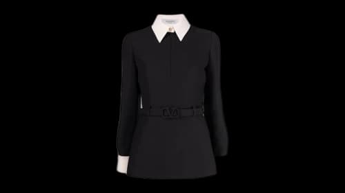 Valentino Women's Garavani Long-Sleeve Belted-Waist Shirt Black/Ivory