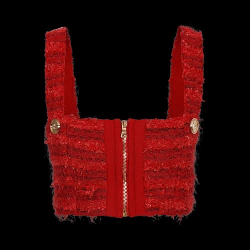 Balmain Cropped Zipped Tweed Strap Top 'Rouge'