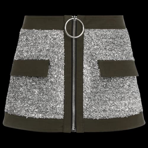 Balmain Short Low-Rise Tweed And Canvas Skirt 'Silver/Military Green'