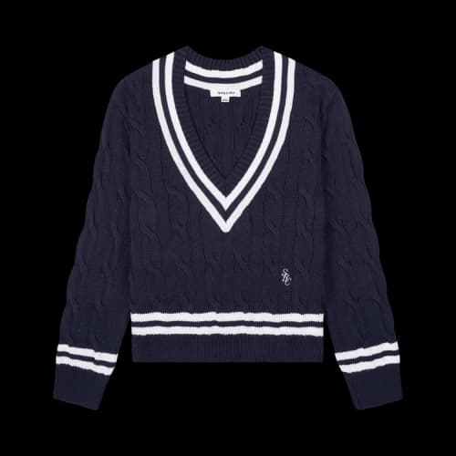 Sporty & Rich SRC Cableknit V Neck Sweater 'Navy'
