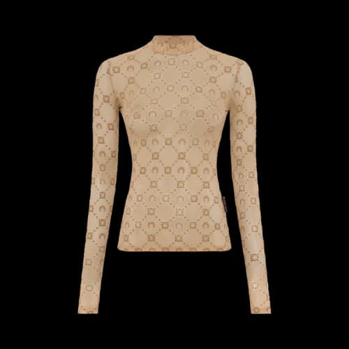 Marine Serre Moonogram Mesh Flock Long-Sleeve Highneck Top 'Camel'