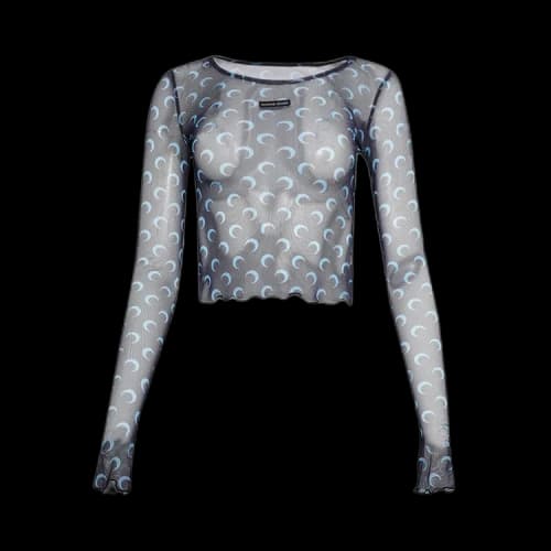 Marine Serre Moon Printed Mesh Second Skin Cropped Top 'Navy'