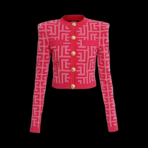 Balmain Cropped Maxi Monogram Knitted Cardigan 'Pink'