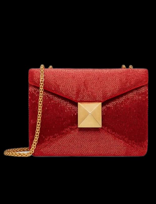 Valentino Beaded Leather One Stud Shoulder Bag Red
