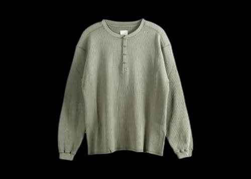 Roa Bee Sun Faded Organic Waffle Serafino Long Sleeve T-shirt Grey Green