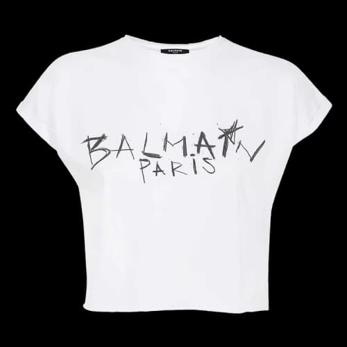 Balmain Cropped T-Shirt With Graffiti Print 'White'