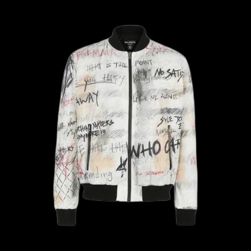 Balmain Nylon Bomber Jacket With Graffiti Print 'White'