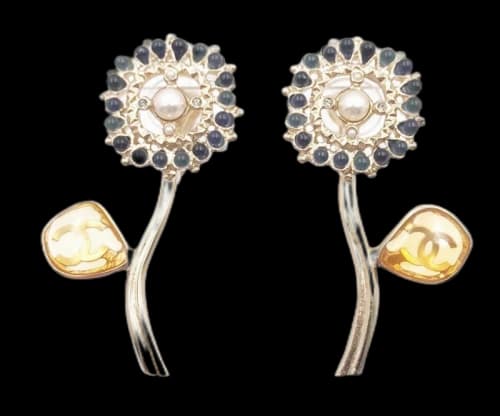Chanel Flower Clip On Earrings Blue/Silver