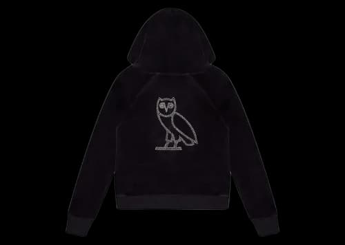 OVO Women's Velour Crystal Owl Zip Up Hoodie Black