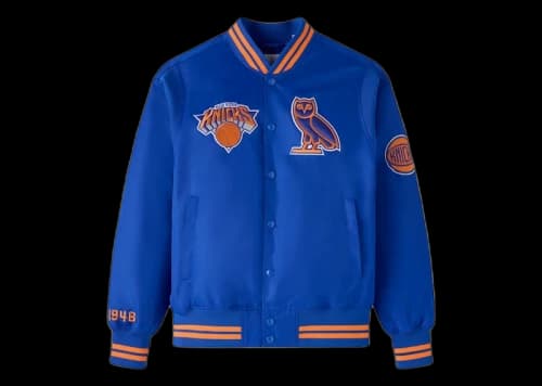 OVO x NBA New York Knicks Satin Varsity Jacket Blue
