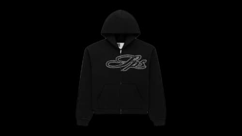 Sp5der Rhinestone Script Zip Hoodie Black