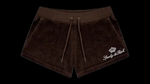 Sporty & Rich Juicy Script Velour Shorts Chocolate
