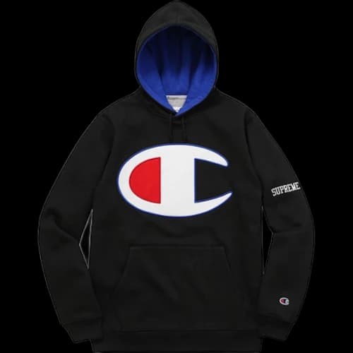 Supreme Champion Satin Logo Hoodie Black