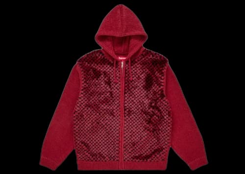 Supreme Checkerboard Faux Fur Zip Up Hooded Sweater Red