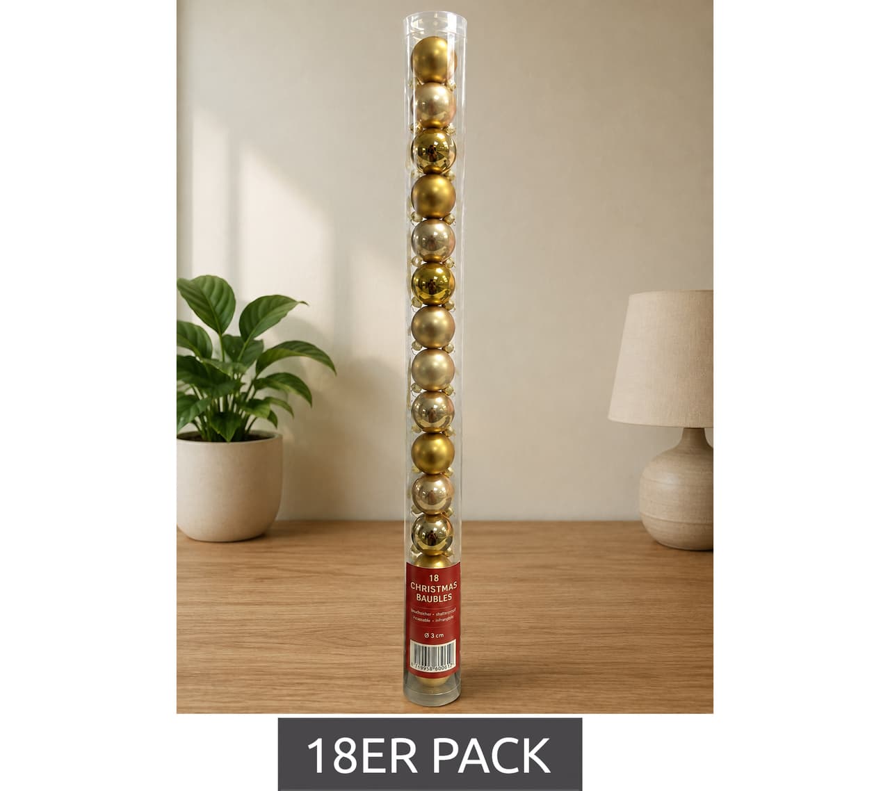gwd Trend & Ambiente Juego de 18 adornos navideños de cristal, 25 mm de diámetro, **Grado B – Inspeccionados y en perfecto estado**. Acabado dorado brillante/beige brillante/dorado mate.