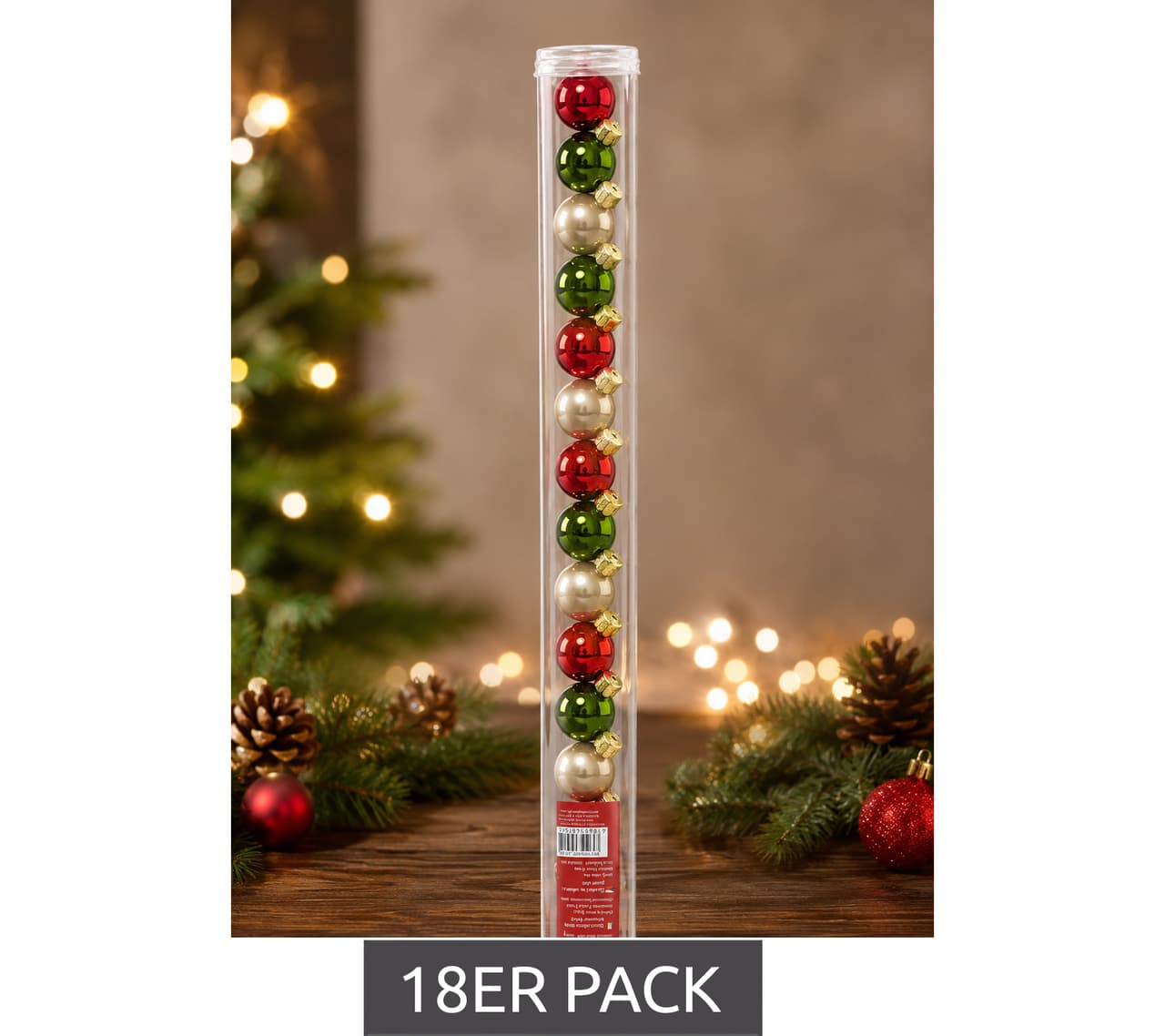 gwd Trend & Ambiente Juego de 18 adornos navideños de cristal, 25 mm de diámetro, **Grado B - Inspeccionados y en perfecto estado** Rojo/Verde/Gris