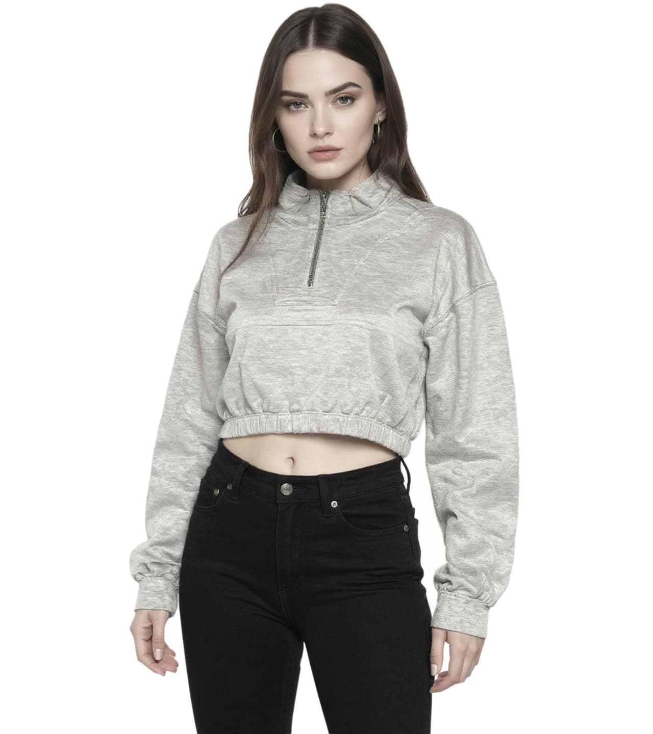 ZEGY Suéter corto para mujer, de algodón, con media cremallera y manga larga, gris
