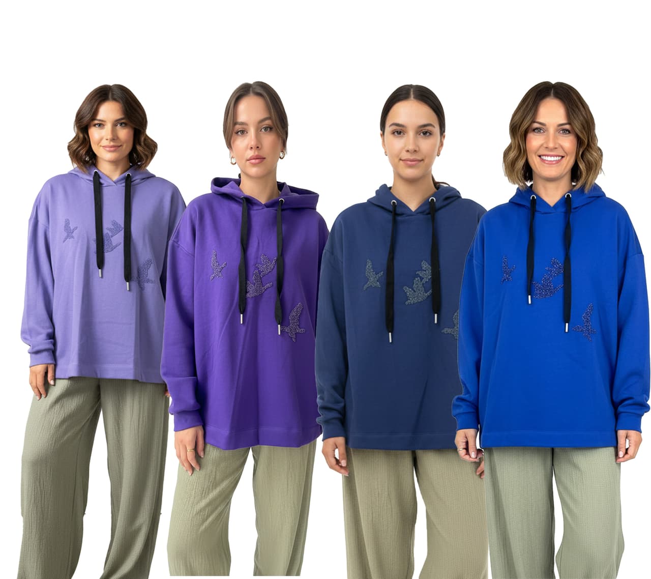ZEGY Sudadera con capucha para mujer con adornos de pájaros, jersey de algodón en azul, azul marino, morado y morado claro