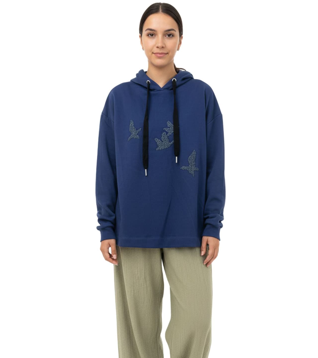 ZEGY Sudadera con capucha para mujer con adornos de pájaros, jersey de algodón, 1074, azul marino