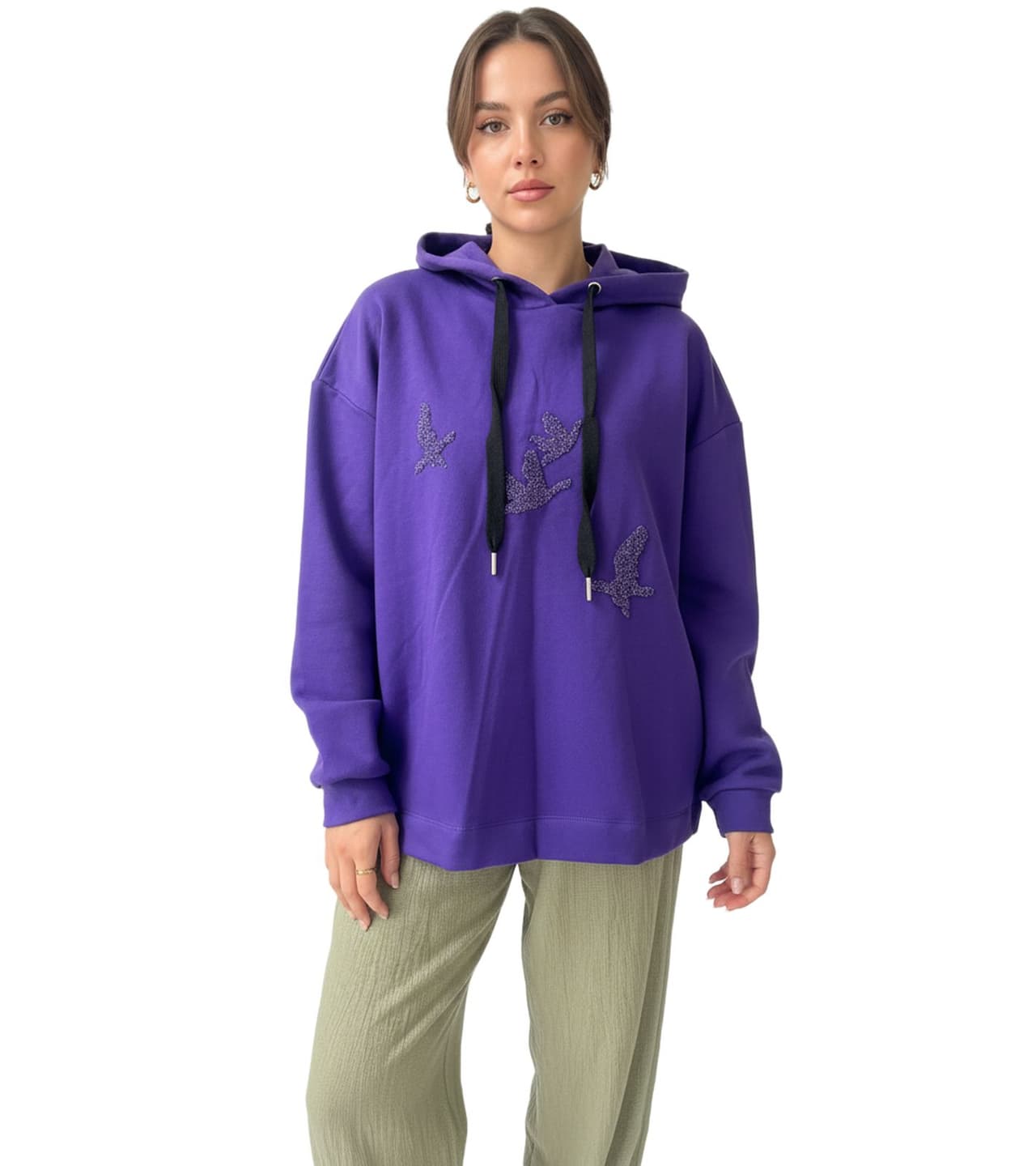 ZEGY Sudadera con capucha para mujer con adornos de pájaros, de algodón, 1074, color morado