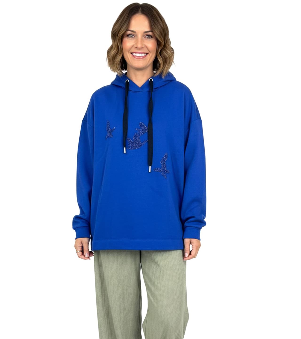 ZEGY Sudadera con capucha para mujer con adornos de pájaros, jersey de algodón, 1074, azul