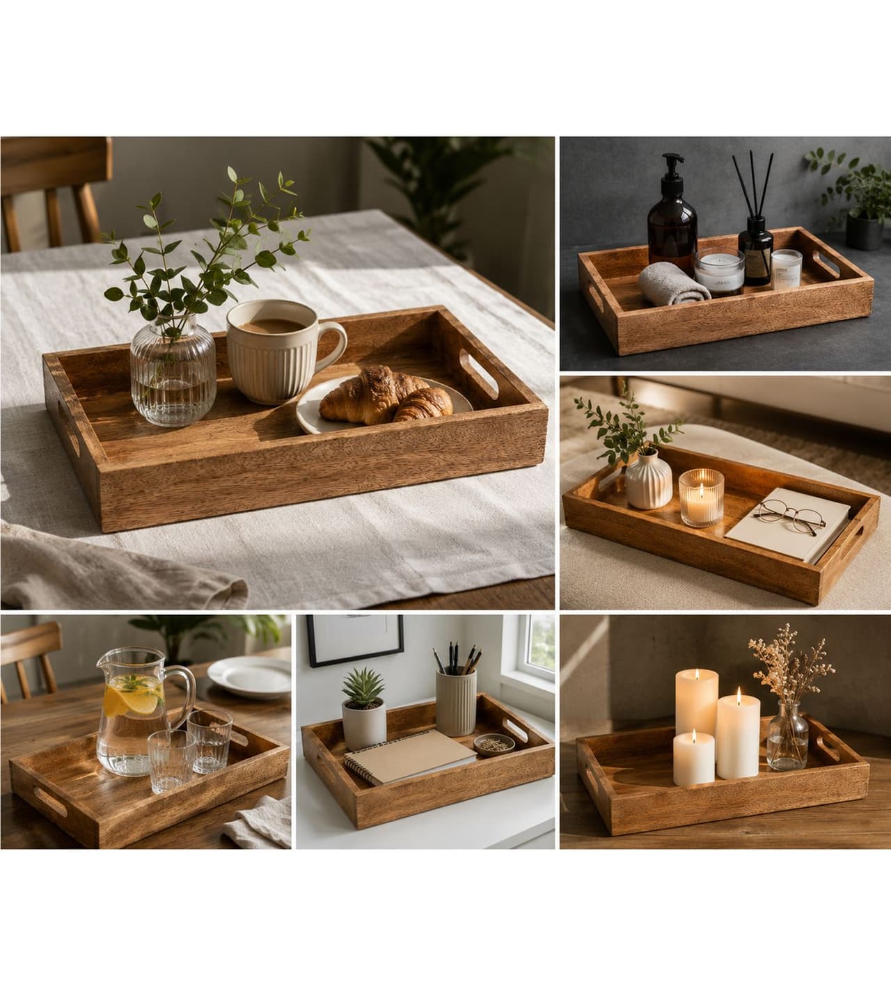 gwd Trend & Ambiente Preciosa bandeja de madera de mango con asas, tabla de madera, bandeja de desayuno, 34 x 16 x 3,5 cm, 126840, Marrón