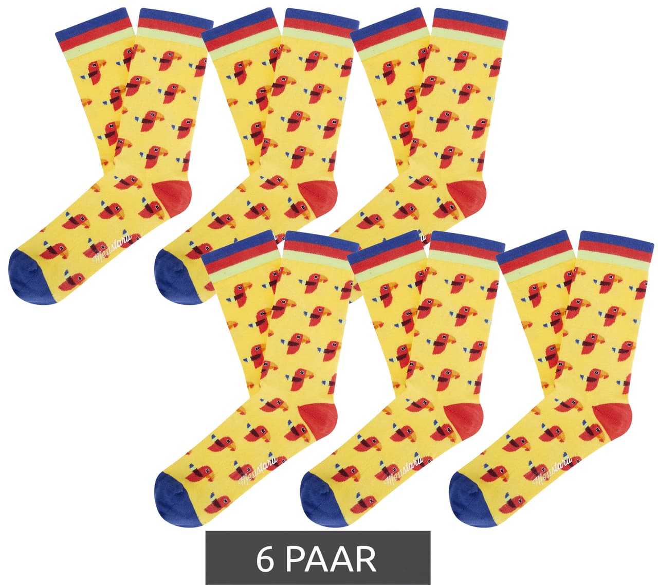 Moustard 6 pares de calcetines de algodón con estampado de loro mostaza y calcetines largos con estampado de loro amarillo/rojo/azul