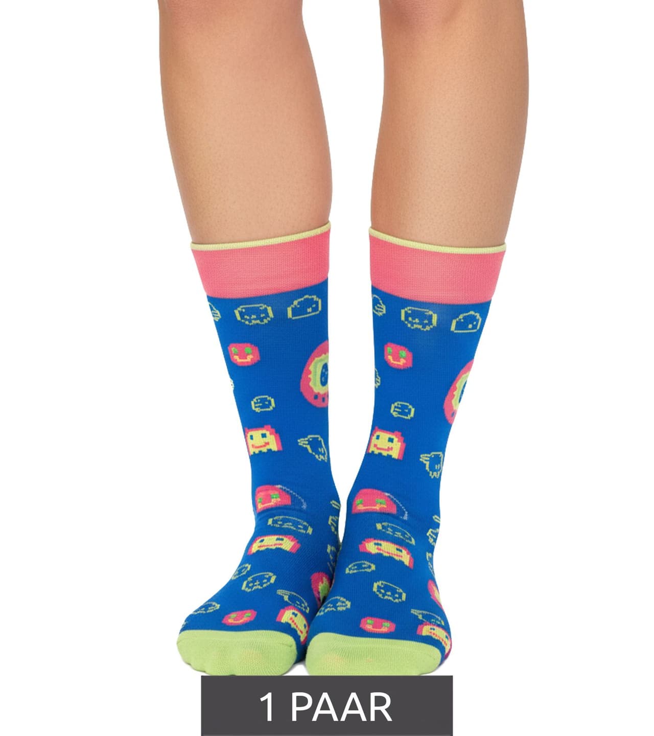 Moustard 1 par de calcetines de algodón Digipet color mostaza, diseño Tamagotchi, medias largas estampadas con juego retro, 22S-DIGI, azul oscuro, rosa y amarillo