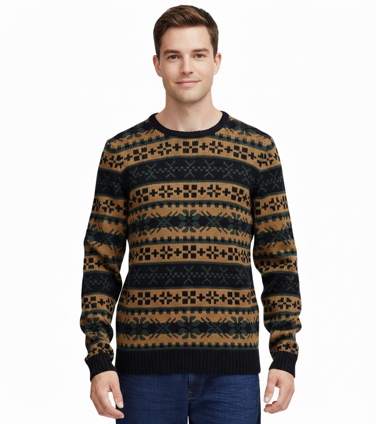 11 Project PRPasco Suéter de Punto con Lana para Hombre, Camisa de Manga Larga, Beige/Negro/Verde