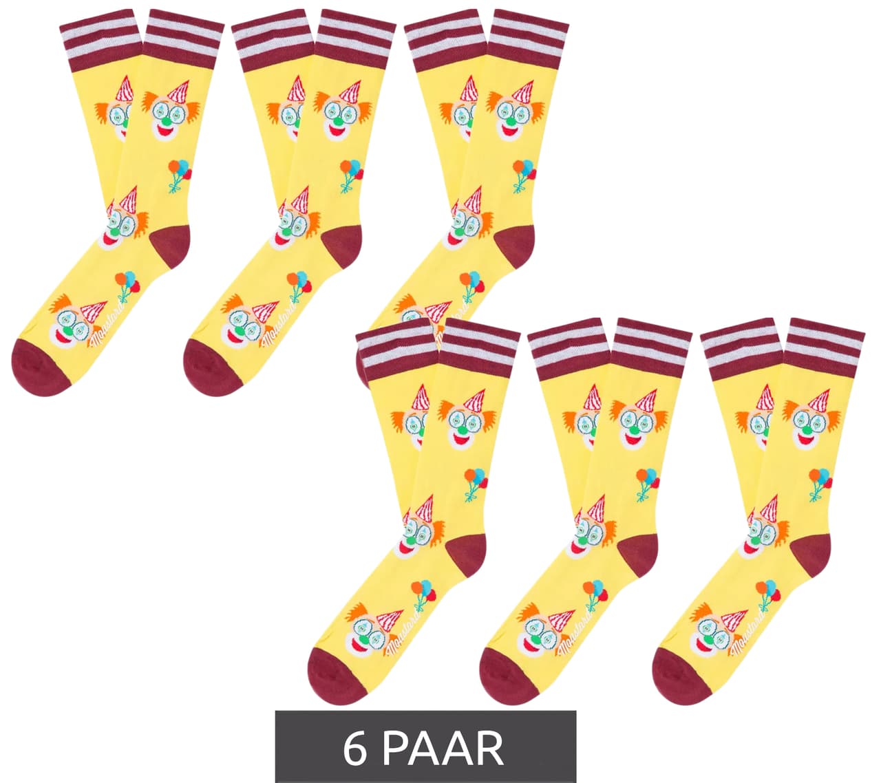 Moustard 6 pares de calcetines de algodón Mustard Clown con estampado de payaso y globos medias largas Amarillo/Rojo/Blanco